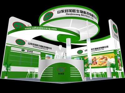 48平米展臺設(shè)計制作：二面開口/現(xiàn)代/木質(zhì)結(jié)構(gòu)/綠色，為食品展展商而作（免費使用）