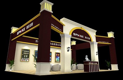 70平米展臺設(shè)計制作：三面開口/歐式/木質(zhì)結(jié)構(gòu)/米色，為食品展展商而作（免費使用）