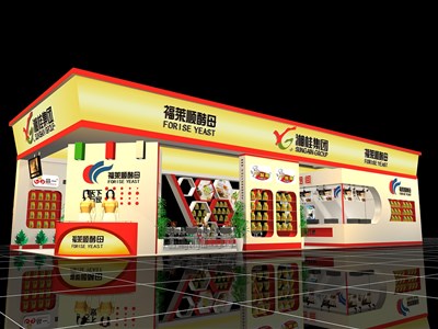 96平米展臺(tái)設(shè)計(jì)制作：三面開口/現(xiàn)代/木質(zhì)結(jié)構(gòu)/黃色，為美博會(huì)展商而作（免費(fèi)使用）
