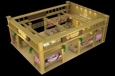 108平米展臺設(shè)計制作：三面開口/歐式/木質(zhì)結(jié)構(gòu)/黃色，為日用品展展商而作（免費使用）