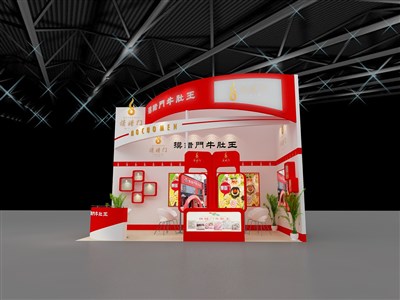 18平米展臺(tái)設(shè)計(jì)制作：二面開(kāi)口/現(xiàn)代/木質(zhì)結(jié)構(gòu)/紅色，為食品展展商而作（免費(fèi)使用）