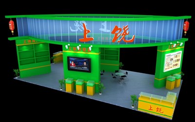 72平米展臺設(shè)計制作：四面開口/現(xiàn)代/木質(zhì)結(jié)構(gòu)/綠色，為食品展展商而作（免費使用）