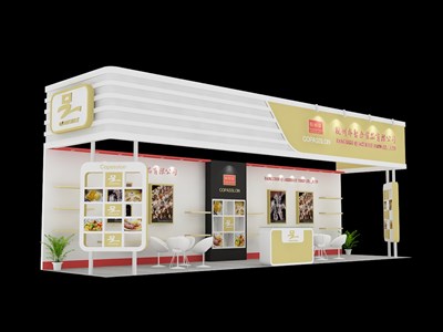 36平米展臺設(shè)計制作：三面開口/現(xiàn)代/木質(zhì)結(jié)構(gòu)/米色，為食品展展商而作（免費使用）