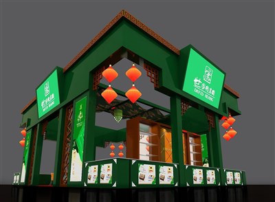 108平米展臺(tái)設(shè)計(jì)制作：四面開口/中式/木質(zhì)結(jié)構(gòu)/綠色，為食品展展商而作（免費(fèi)使用）