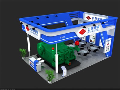 54平米展臺設(shè)計制作：三面開口/現(xiàn)代/木質(zhì)結(jié)構(gòu)/藍(lán)色，為機械展展商而作（免費使用）