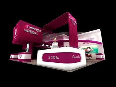 144平米展臺設計制作：三面開口/現(xiàn)代/木質(zhì)結構/粉色，為食品展展商而作（免費使用）