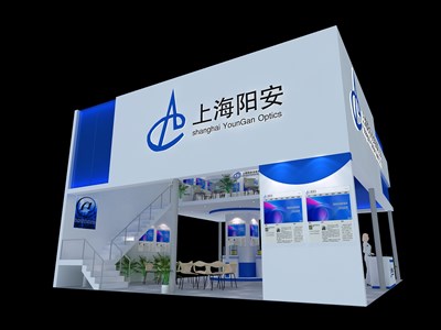 90平米展臺設(shè)計制作：四面開口/前衛(wèi)/雙層結(jié)構(gòu)/藍色，為安防展展商而作（免費使用）
