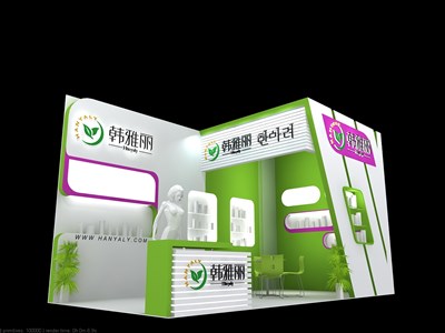 18平米展臺設(shè)計制作：二面開口/現(xiàn)代/木質(zhì)結(jié)構(gòu)/彩色，為美博會展商而作（免費使用）