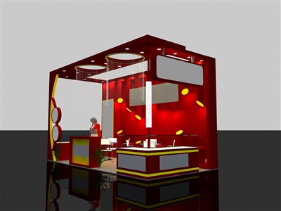 18平米展臺設(shè)計制作：三面開口/現(xiàn)代/木質(zhì)結(jié)構(gòu)/紅色，為食品展展商而作（免費使用）