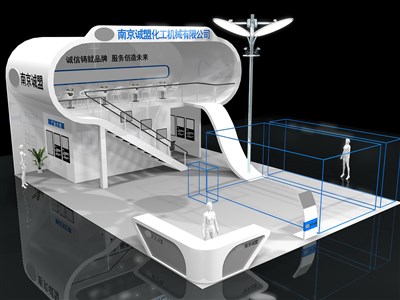 108平米展臺設(shè)計制作：三面開口/現(xiàn)代/雙層結(jié)構(gòu)/白色，為汽配展展商而作（免費(fèi)使用）