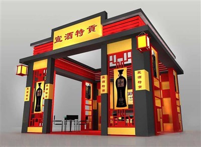 36平米展臺設(shè)計(jì)制作：三面開口/中式/木質(zhì)結(jié)構(gòu)/彩色，為糖酒展展商而作（免費(fèi)使用）