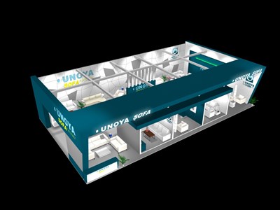90平米展臺(tái)設(shè)計(jì)制作：二面開口/現(xiàn)代/型材結(jié)構(gòu)/藍(lán)色，為家具展展商而作（免費(fèi)使用）