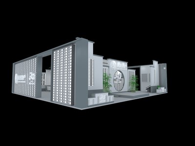 132平米展臺(tái)設(shè)計(jì)制作：三面開口/前衛(wèi)/型材結(jié)構(gòu)/灰色，為房產(chǎn)展展商而作（免費(fèi)使用）
