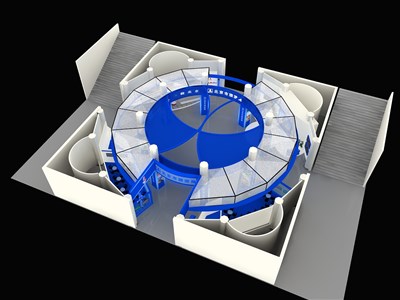 1024平米展臺設(shè)計(jì)制作：四面開口/現(xiàn)代/型材結(jié)構(gòu)/白色，為旅游展展商而作（免費(fèi)使用）