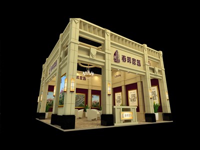 110平米展臺設(shè)計制作：二面開口/歐式/木質(zhì)結(jié)構(gòu)/米色，為房產(chǎn)展展商而作（免費(fèi)使用）