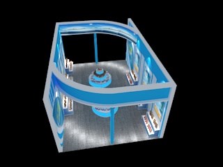 54平米展臺(tái)設(shè)計(jì)制作：二面開口/前衛(wèi)/木質(zhì)結(jié)構(gòu)/藍(lán)色，為旅游展展商而作（免費(fèi)使用）