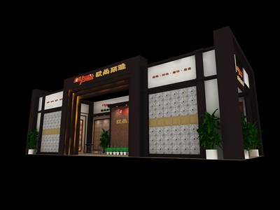 90平米展臺設計制作：二面開口/現(xiàn)代/木質結構/咖啡色，為建材展展商而作（免費使用）