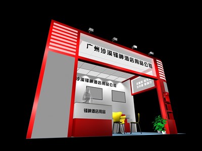 18平米展臺設(shè)計制作：二面開口/現(xiàn)代/木質(zhì)結(jié)構(gòu)/紅色，為綜合展展商而作（免費使用）