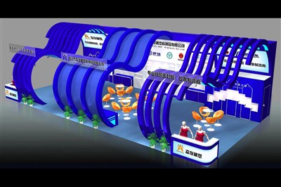 128平米展臺設(shè)計(jì)制作：三面開口/現(xiàn)代/木質(zhì)結(jié)構(gòu)/藍(lán)色，為建材展展商而作（免費(fèi)使用）