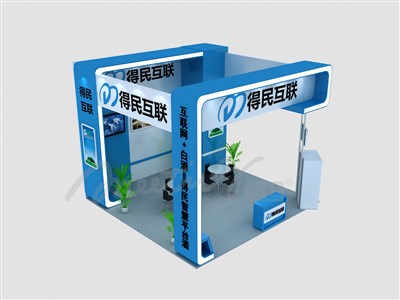 36平米展臺(tái)設(shè)計(jì)制作：三面開口/現(xiàn)代/木質(zhì)結(jié)構(gòu)/藍(lán)色，為建材展展商而作（免費(fèi)使用）