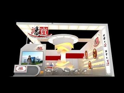 88平米展臺設(shè)計制作：二面開口/現(xiàn)代/木質(zhì)結(jié)構(gòu)/米色，為食品展展商而作（免費使用）