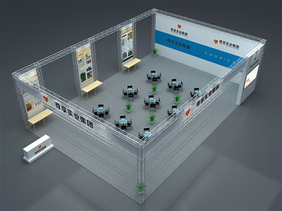 204平米展臺設(shè)計制作：三面開口/現(xiàn)代/桁架結(jié)構(gòu)/藍色，為綜合展展商而作（免費使用）